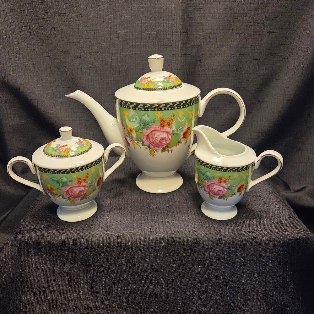 Royal Scotland Pink Rose on Green background Tea Set